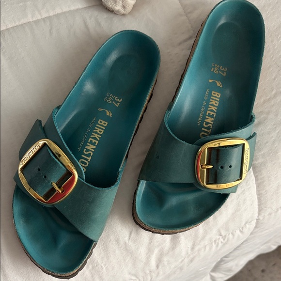 Birkenstock Shoes - Birkenstock Turquoise Slides with Gold Buckle